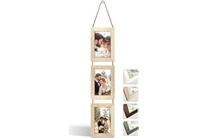NEOWS Cadre Photo Multiple avec Corde pour Suspendre au Mur - Lot de Cadres Décoratifs pour Accrochage Mural Vertical - Porte Portrait Pele Mele - Photos 10x15 (Chêne Naturel, 3 Photos Vertical)