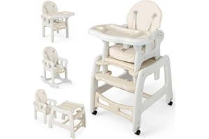 COSTWAY Krzesło dziecięce 3 w 1, krzesełko do karmienia i krzesło do jedzenia i zestaw do siedzenia dla dzieci, zmienne krzesełko dziecięce z 5-punktowym paskiem, zdejmowaną tacą, poduszką do