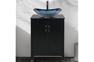 ARTETHYS Bathroom Sink Cabinet, Bathroom Vanity Units with Basin, 60cm Black Bathroom Cabinet Free Standing with Cloakroom Blue Glass Vessel Sink