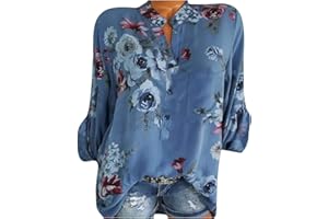 Wtouhe Femme Hauts Lâche Chemisiers Été T-Shirt 2021 Pas Cher Manches Courtes/Longues Col V Bouton Décontractée Mode Vrac Tee Shirt Floral Impression Casual Tops Chic Blouses Cadeau Nouveau Vente