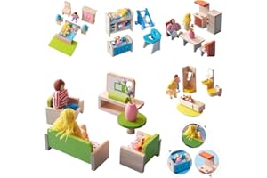 DecoBay Wooden Dolls House Furniture 4 Sets, 5 Sets, 6 Sets Bedroom, Kitchen, Bathroom, Living Room and Nursery (5 Sets of Room Furnitures)