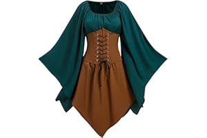 NFAOEGJ Damen Mittelalter Kleid mit Trompetenärmel,Traditionelles irisches Kleid für Damen Renaissance Cosplay Kostüm Karneval Party Halloween Kostüm