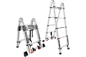 EGTink 3,2M (1,6+1,6m) Échelle Télescopique Pliante, 2 en 1 Escabeau Pliant Ladder, Échelle en Aluminium antidérapante, Charge Max 150 kg/330 Livres