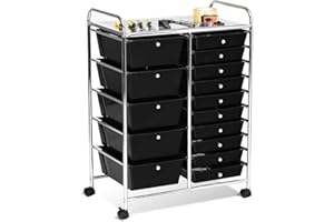 ‎COSTWAY Costway trolley, metal frame, roller container, rollable, bathroom trolley with brakes, plastic storage trolley, side trolley incl. 15 stackable drawers, household trolleys 62.5 x 37 x 87 cm