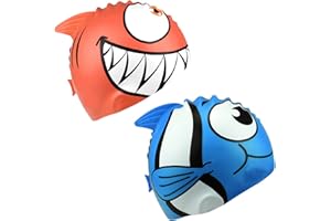 SIVENKE Juego de 2 gorros de baño de silicona para niños con tiburón, pescado, tiburón, gorro de natación, gorro de natación para niñas y niños