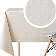KP HOME Large Beige With White Polkadot PVC Wipe Clean Tablecloth - 250 x 140 cm - Dotty Polka Dot Design Embossed Thick Rectangular Wipeable Vinyl Plastic Table Cloth