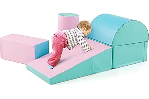 GYMAX Kids Climb and Crawl Play Equipment, 5-Piece Baby Soft Foam Blocks, Toddlers Lightweight Activity Play Set for Climbing Crawling (Pink+Green)