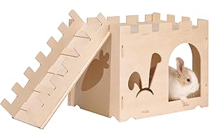 BUCATSTATE Rabbit Hideaway Hideout, Wooden Guinea Pig Tunnel & Hides with Ramp Extra Large, Detachable Bunny House Hut for Hamster Rabbit Chinchilla Hedgehog