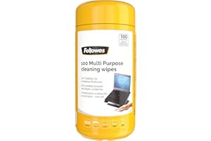 Fellowes Toallitas Limpieza Multiusos. Para el espacio de trabajo. Bote de 100 toallitas. Para limpieza de pantallas y superficies - Sin alcohol