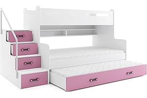 ‎INTERBEDS Interbeds Etagenbett MAX 3 für DREI Kinder mit DREI Matratzen: 200x80cm / 200x120cm / 190x80cm + Farbvariationen (weiß+rosa)