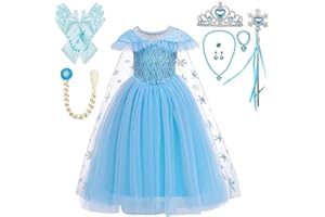 Lito Angels Deguisement Robe Reine des Neiges Princesse Elsa Enfant Fille avec Cape, Costume Fête Anniversaire Carnaval Cosplay, Manche Longue/Courte, Bleu