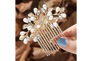 Runmi Pettine per capelli da sposa color oro, con perle, accessorio per capelli da sposa, con foglie, per donne e ragazze (oro)