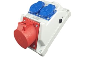 RoadEu - Enchufe de pared combinado CEE 32 A 5P con 2 enchufes Schuko de 230 V. CEE y Schuko en una carcasa. Enchufe doble para exteriores y obras de construcción, talleres y fábricas. IP44.