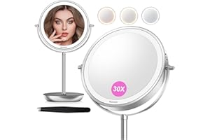Auxmir Magnifying Mirror with Light, 8'' Double Sided 30X/1X Makeup Mirror with Tweezer, 3 Color Stepless Dimmable Mirrors with Touch Screen, Rechargeable 360° Free Standing Vanity Mirrors for Bedroom