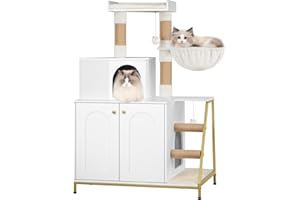 Hzuaneri Domek dla Kota, 4 w 1 Nowoczesny Domek dla Kota z Dużą Platformą, Domek dla Kota z Sizalową Matą do Drapania, Słupkami, Schodami i Pomponem, Poduszki do Prania, Biała i Złota CB81013A