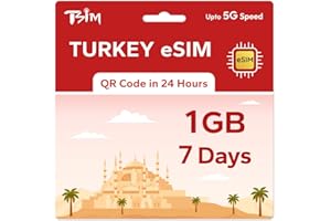 TSIM eSIM prepagada para viajes en Turquía | 07 días 1 GB 5G | Punto de acceso permitido | Código QR eSIM por correo electrónico en 24 horas