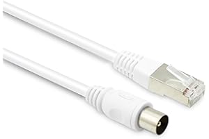 Metronic 395286 Câble RJ45 / TV coaxial 9,52mm Prise Mâle/Male pour réception Television, TNT, Satellite, Décodeur, Antenne - Fil 5 mètres blindé à contact dorés - Blanc