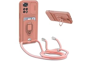 YFSYLL Handykette Schutzhülle kompatibel mit Xiaomi Redmi Note 11/Redmi Note 11S 4G Handyhülle mit Band,Silikon Handyhülle Case mit Schiebe Kameraschutz,360 Grad Ringhalter Stand,Kartenfach,Pink