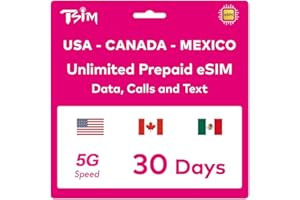 TSIM eSIM Prepagata USA per 30 Giorni | Dati Illimitati 4G/5G negli USA + 5GB Dati in Canada/Messico | Chiamate Locali Illimitate | Chiamate e SMS Gratuiti in Arrivo