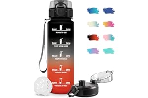 JAPORIA Trinkflasche Sport 1L, Auslaufsicher, Wasserflasche Kohlensäure Geeignet, Sportflasche mit Filter, Motivierende Trinkflasche mit Zeitmarkierung, Perfekt für Camping, Radfahren, Wandern