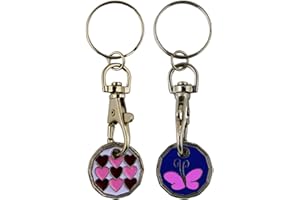 UK Phoenix Trolley Token New £1 Coin Shape 12 Sided Shopping Cart Key Ring Release Shop Locker Keychain (Hearts & Butterfly)