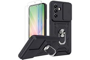 COPIKE Funda Armor para Samsung Galaxy A56 5G con 2 Piezas Cristal Templado, Carcasa Cubierta de Cámara Deslizante Proteger con Soporte Giratorio de Anillo y Silicona TPU Antigolpes, Negro