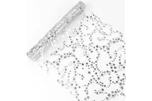 MELEAGER Tischläufer Weihnachten, Tischläufer Weihnachten Rolle mit Doppelseitiger Silber Stern, 28CM x 500CM, Tischband Glänzend Tischdeko, für Weihnachten, Silvester, Adventszeit, Ramadan