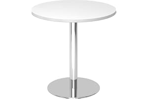 ‎BÜMÖ Bümö Besprechungstisch, Esstisch klein, Tisch rund 80 cm - Kleiner Esstisch weiß, Rundtisch Esstisch 2 Personen mit Holz-Platte, Säule aus Metall verchromt, Konferenztisch, Bistrotisch