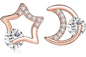 Pendientes Mujer Niña, Yumilok-Moda Pendientes con Brillantes Circontias Estrella y Luna, Oro Rosa S925 Plata de Ley