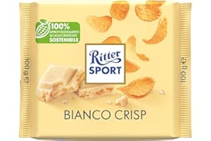 RITTER SPORT Bianco Crisp, Tavoletta di Cioccolato Bianco con Fiocchi di Mais e Riso Soffiato, Cacao 100% Certificato Sostenibile, 100g