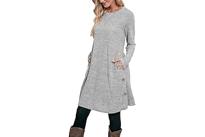 Aokosor Strickkleid Damen Langarm Kleider Pulloverkleid für Damen Tunika Kleid Jumper Kleid mit Knöpfen und Taschen