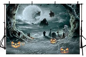 AIBIIN 7x5 pies Fondo de Halloween para fotografía de Terror Noche Fondo Gris Calabaza Bosque Linterna Espeluznante Fondo de Luna, Cruz Tumba cráneo, Fantasma, Accesorios de Estudio fotográfico