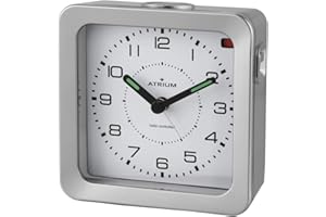 Atrium Budzik radiowy, analogowy, kwarcowy, bez tykania, ze światłem i drzemką, świecące wskazówki, srebrny A660-19