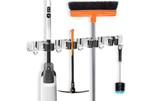 ibell Colgador de Escobas y Fregonas de Acero Inoxidable, Colgador y Organizador con 4 Posiciones y 5 Ganchos, Soporte Escobas pared Adhesivo, Sujeta Escobas para Garaje, Cocina, Baño, Jardín