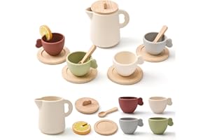LTFIOON Kindergeschirr Teeservice Set, 13 Stück Teeservice Kinder Silikon Holz Kinderküche Zubehör, Teeparty Spielküche Rollenspiele Puppengeschirr Geschenk für Kinder Mädchen Jungen ab 3 Jahren