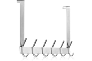 MEIJO Türgarderobe zum Einhängen Edelstahl, Türgarderobe Ohne Bohren Kleiderhaken Tür für Deutsche Türen Türhakenleiste Edelstahl mit 6 Haken für Küche, Badezimmer (Silber, Dicke 2,1 cm)