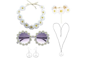 FUIPVGI Juego de disfraz hippie de 6 piezas, accesorio de vestir hippie de los años 60 y 70, diadema de margaritas, gafas hippie, collar con signo de paz, aretes de paz, accesorio de vestir