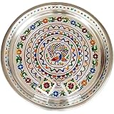 Balaji Arts Stainless Steel Handmade Sliver Meenakari Peacock Design Puja Thali for Home Décor