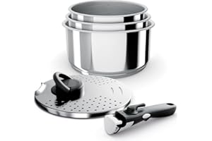 Backen 191105, Set de Casseroles 16,18,20cm, Inox, 5 Pièces, Induction, 1 poignée amovible,1 Couvercle Multipositions Métal, Empilable, Compatible lave-vaisselle, Gain de place, Garantie 5 ans.
