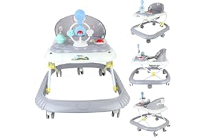 OHMG 3 en 1 Trotteur pliable pour bébé,5 Hauteur réglable,Roues à 360°,Station de jeu musicale,Centre de jeu de 6 à 18 mois,Plateau Repas et Plateau d'activités Musical Amovible (Gris-58 * 55 * 65cm)