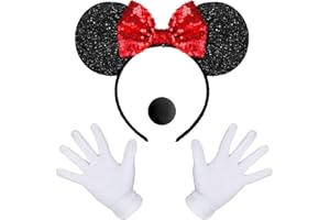 iZoeL Minni Maus Haarreifen mit Glitzer Maus Ohren Schleife Handschuhe Mouse Nase, Damen Mädchen Karneval Fasching Halloween Kostüm