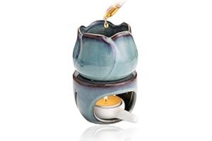 DIKARIYA Duftlampe für Ätherische Öle Teelicht, Aromalampe aus Keramik Ätherisches Öl Brenner Wachs Schmelzbrenner mit Kerze Löffel, Aroma Kerzenhalter Ölbrenner Blume Modell Teelichthalter Dekorative