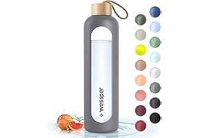 Wessper Bouteille d'eau en Verre, Gourde Reutilisable, en Borosilicate, Avec Marqueur de Temps de Motivation, Couvercle en bambou, En silicone, pour Enfant et Adultes, pour Sport, Camping – Grise