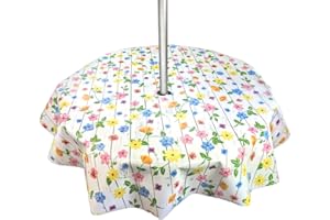 Karina Home Outdoor Garden Tablecloth with Parasol Umbrella Hole Bright Flowers on White Wood Effect Wipe Clean Round 138cm