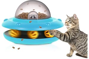 PHNIXGAM UFO Automatische Katze Langsame Feeder Interative Puzzle Spielzeug, 50g/1.76oz Katzenfutter Spender mit eingebauter wiederaufladbarer Batterie für kleine Haustiere Hund Indoor für Trockenfutter (Blau)