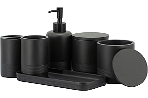 ZCCZ Black Bathroom Accessory Set 6 Pieces - Organiser With Toothbrush Holder, Lotion Soap Dispenser, Vanity Tray and 2 Qtip Holders - Modern Decor Accessories