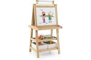 LIFEZEAL 3-in-1 Children's Easel with Double-Sided Board, Standing Board with 2 Shelves, Whiteboard & Chalk Board & Paper Roll, Painting Board with 2 Storage Boxes, Magnetic Table (Natural)