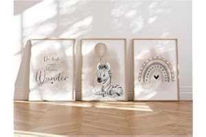 MeinBaby123® I Bilder Kinderzimmer | 3er Set DIN A4 Poster Set | Wandbilder | Kinderzimmer Poster | Deko Bilder Mädchen und Jungen | Wandposter Premium (Zebra & Luftballon beige)
