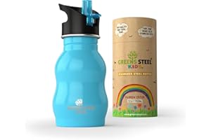 Greens Steel Botella de Acero Inoxidable para Niños - 350ml, Azul I Tapa Mejorada Contra Fugas con Pajita y Asa I Botella de Agua para Niños Sorbe Fácil I Botella Ecológica de Bebida