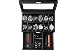 KILHS Watch Box for Men, 12 Slot Watch Case with Glass Lid, Lockable Double Watch Storage Box with 1 Wrawer for Rings, Earrings, Gift Idea, Black Synthetic Leather, Black Lining